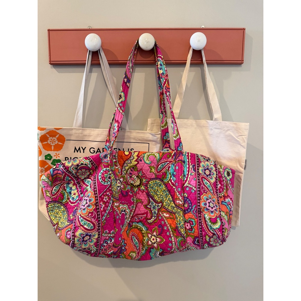 Vera Bradley Large Duffel Bag Paisley Meets Plaid Pink Quilted Cotton Travel